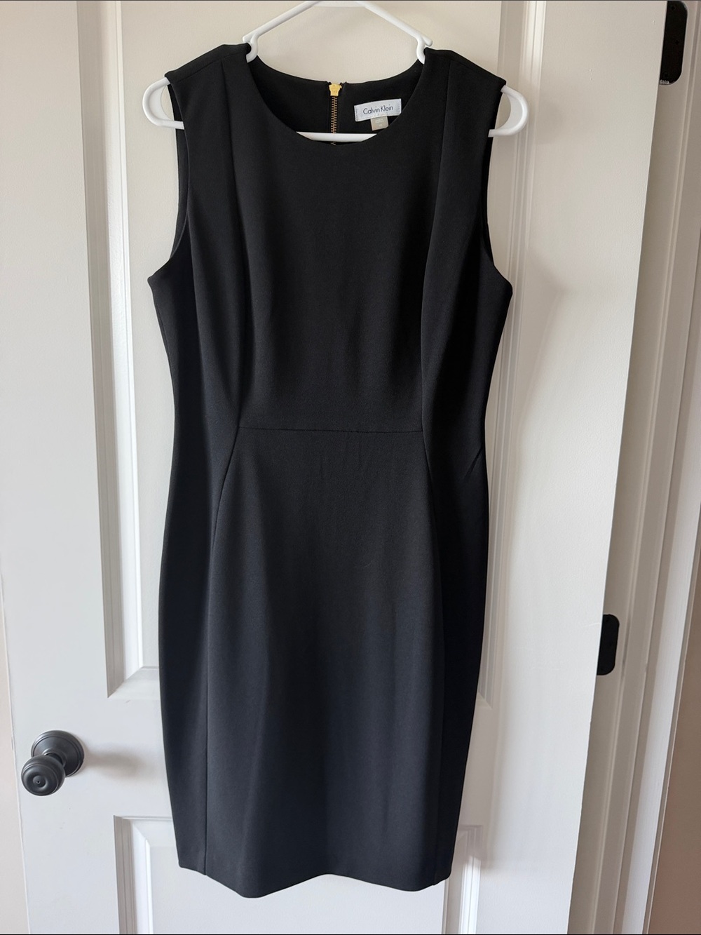 Calvin Klein Black Sleeveless Sheath Dress with Gold Zip